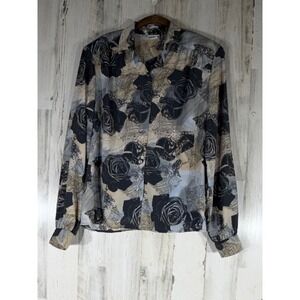 James Kenrob Button Up Blouse Size 14 Vintage Gray Tan Floral Rose Print